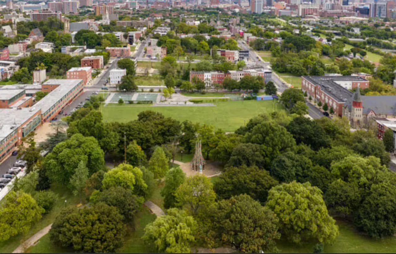 Aerial view of the Harlem Park greening project in Baltimore, Maryland