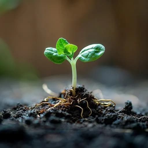 A seedling sprouting from soil, growing toward a greener world